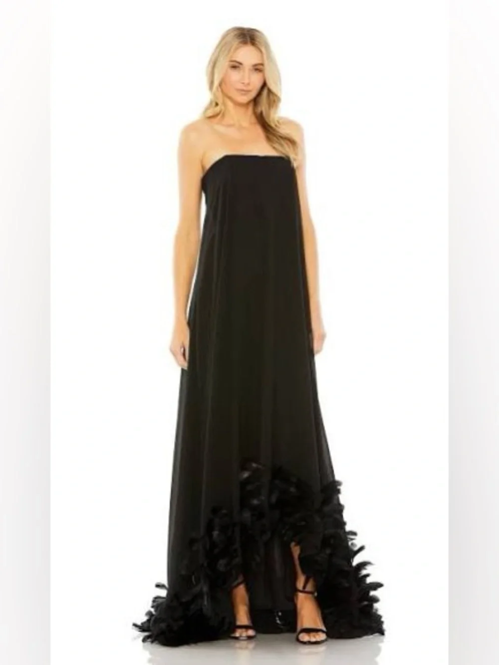 Mac Duggal 13001 Black Strapless Flare Feather Hem Gown